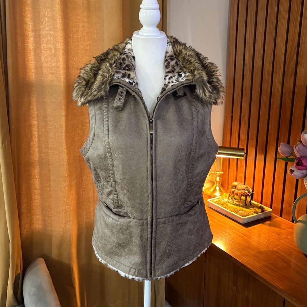 Montanaco Brown Faux Leather Vest Leopard Fur Lining Sz L Distressed Moto Collar